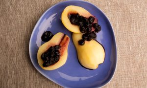 Poached Pears With Wild Blueberry Sauce Recipe Image