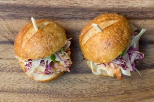 Salmon Burger With Red Cabbage & Fennel Slaw Recipe Image
